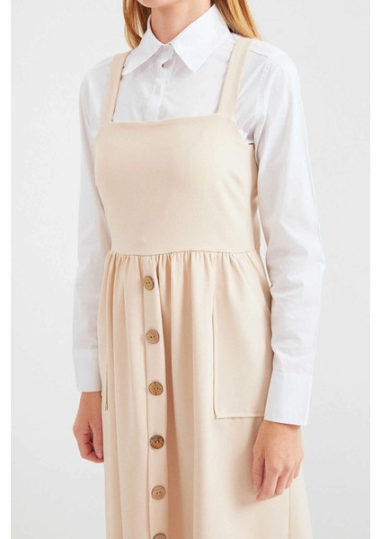 Kadın Bej Askılı Düğme Detaylı Cepli Kuşaklı Uzun Elbise HZL24S-BD124901 fırsatları