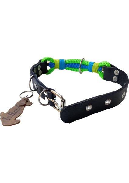 Köpek boyun tasması deri siyah iskota halat mavi yeşil kalınlık:4 mm genişlik:2,5 cm boyun ölçüsü:27-35cm dog collar T5-8S