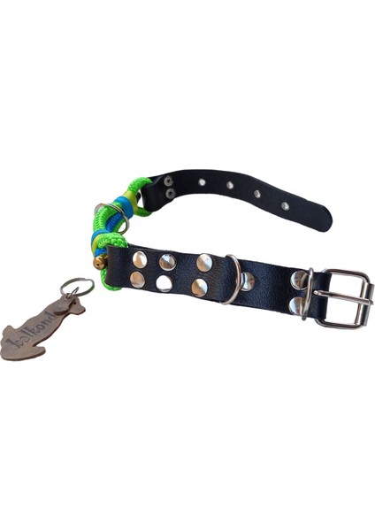 Köpek boyun tasması deri siyah iskota halat mavi yeşil kalınlık:4 mm genişlik:2,5 cm boyun ölçüsü:27-35cm dog collar T5-8S