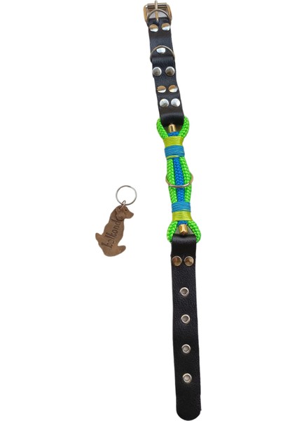 Köpek boyun tasması deri siyah iskota halat mavi yeşil kalınlık:4 mm genişlik:2,5 cm boyun ölçüsü:27-35cm dog collar T5-8S