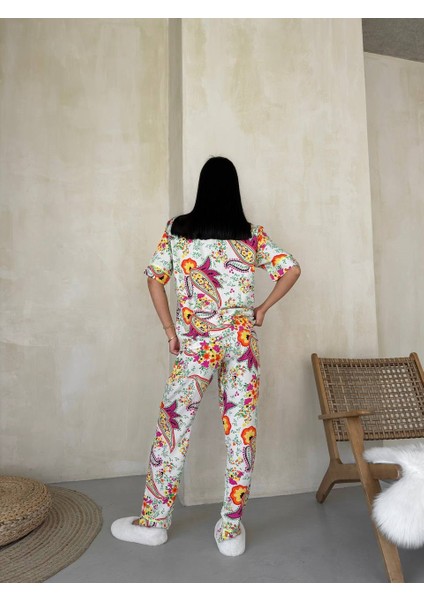 Kadın Etnik Desen Gömlek Yaka Cep Detaylı Kısa Kol Dokuma Viskon Pijama Takımı fiyatları