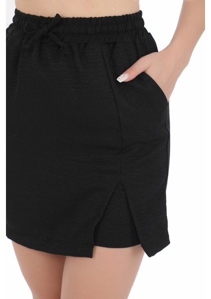 Kadın Yeni Sezon Keten Görünümlü , Beli Lastikli Ince Yazlık Slouchy Şort Etek