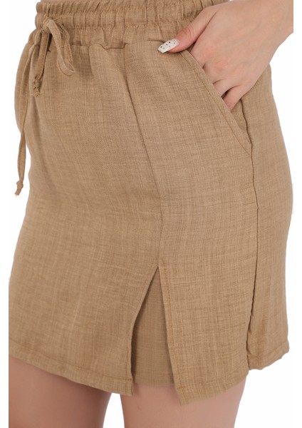 Kadın Yeni Sezon Keten Görünümlü , Beli Lastikli Ince Yazlık Slouchy Şort Etek indirimleri