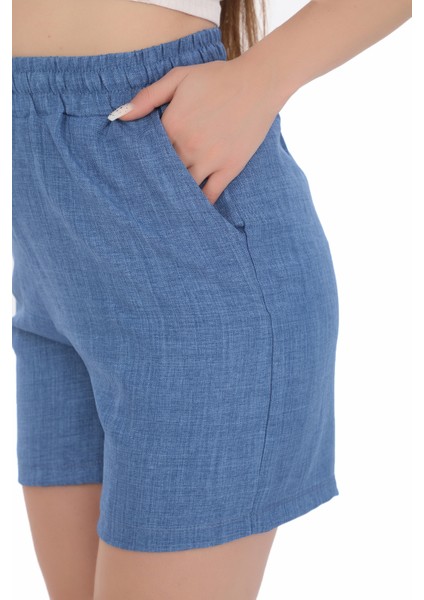 Kadın Yeni Sezon Keten Görünümlü , Beli Lastikli Ince Yazlık Slouchy Şort