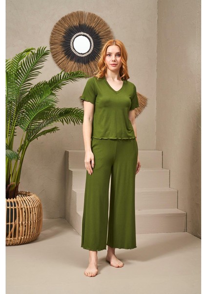 25109 Kadın V Yaka Kısa Kollu Bol Paçalı Pijama Takım