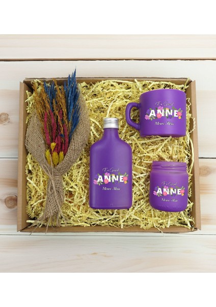 Kişiye Özel Isimli Dtf Anne Temalı Mor Kahve Fincanı & Kolonya & Mum & El Yapımı Kuru Çiçek Buketi Hediye Seti-3, Anneye Hediye, Anneler Günü Hediyesi
