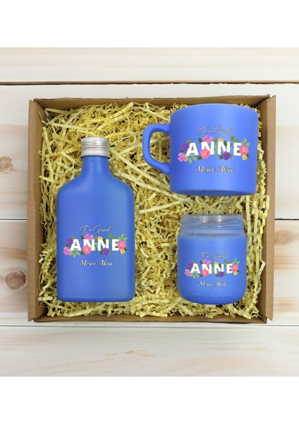 Kişiye Özel Isimli Dtf Anne Temalı Mavi Kahve Fincanı & Kolonya & Mum Hediye Seti-3, Anneye Hediye, Anneler Günü Hediyesi