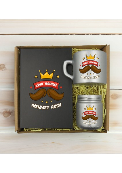Kişiye Özel Isimli Dtf Baba Temalı Antrasit Defter & Gümüş Kahve Fincanı & Mum Hediye Seti-3, Babaya Hediye, Babalar Günü Hediyeleri