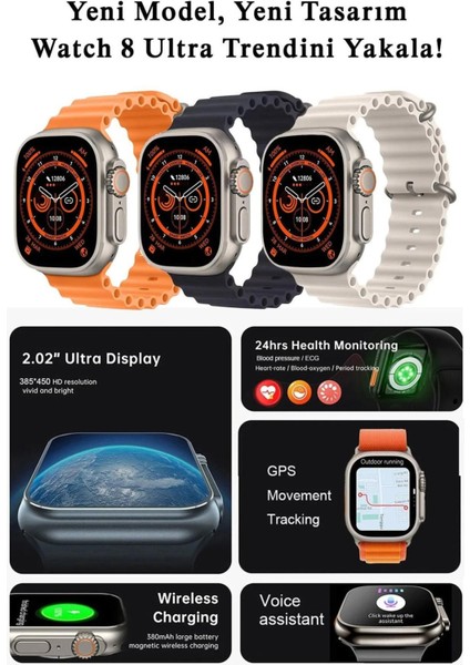 Tekno Trust Turuncu Gs 8 Ultra Max 49MM Kordon Kilitli Vidalı 2.08 Ekranlı Iphone x Uyumlu Akıllı Saat Siyah Si