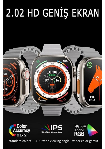 Tekno Trust Turuncu Gs 8 Ultra Max 49MM Kordon Kilitli Vidalı 2.08 Ekranlı Iphone x Uyumlu Akıllı Saat Siyah Si