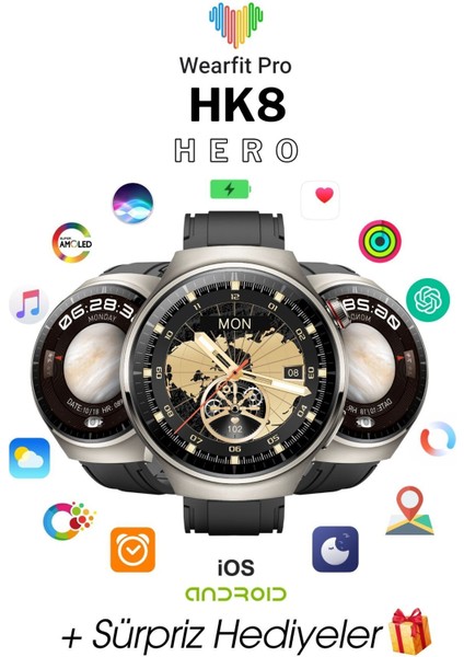 Gri Wearfit Hk8 Hero Akıllı Kol Saati Yuvarlak Model 1.52INÇ 37MM Amoled Ekran (Gri) 500-600 Mah 1