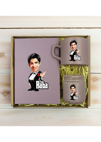 Kişiye Özel Dtf The Baba Karikatürlü Mat Gri Defter & Kahve Fincanı & Mum Hediye Seti-3, Babaya Hediye, Babalar Günü Hediyeleri