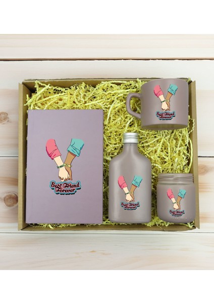 Kişiye Özel Isimli Dtf Best Friend Temalı Mat Gri Defter & Kahve Fincanı & Kolonya & Mum Hediye Seti-5, Arkadaşa Hediye, Doğum Günü Hediyesi