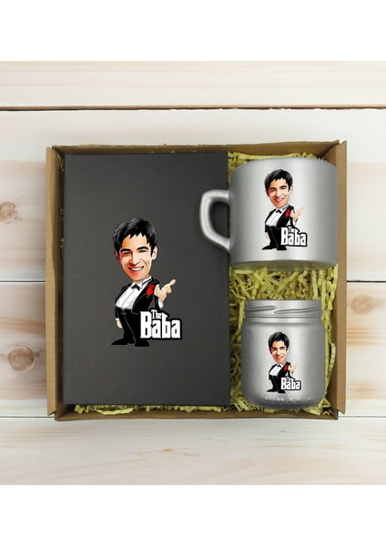 Kişiye Özel Dtf The Baba Karikatürlü Antrasit Defter & Gümüş Kahve Fincanı & Mum Hediye Seti-3, Babaya Hediye, Babalar Günü Hediyeleri