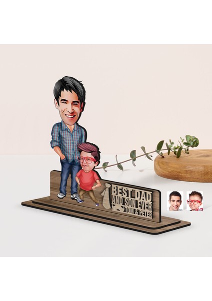 Kişiye Özel 3D Kabartma Isimli Baba-Oğul Karikatürlü Ahşap Biblo-6, Babaya Hediye, Babalar Günü Hediyeleri
