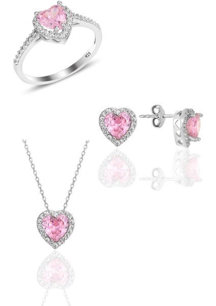 Gümüş Rodyumlu Pembe Taşlı Pırlanta Montürlü Kalp Modeli Üçlü Set SGTL12080PEMBE