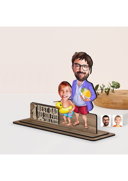 Kişiye Özel 3D Kabartma Isimli Baba-Oğul Karikatürlü Ahşap Biblo-8, Babaya Hediye, Babalar Günü Hediyeleri