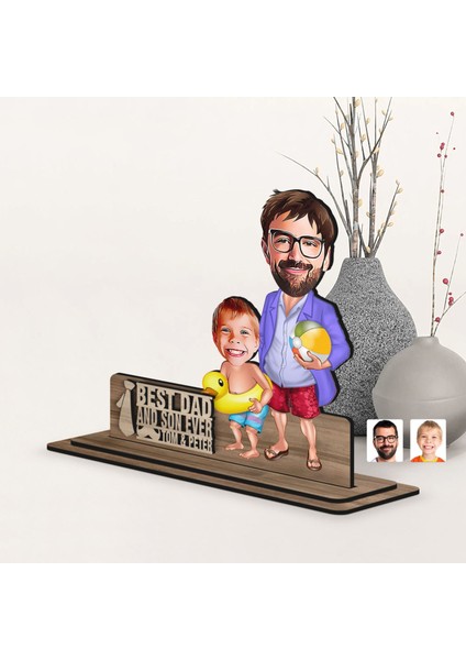 Kişiye Özel 3D Kabartma Isimli Baba-Oğul Karikatürlü Ahşap Biblo-8, Babaya Hediye, Babalar Günü Hediyeleri