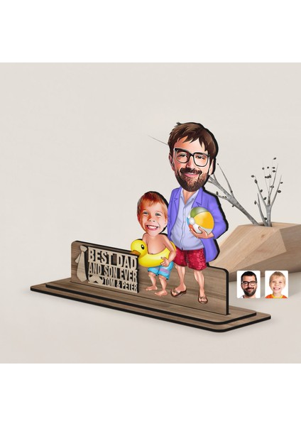 Kişiye Özel 3D Kabartma Isimli Baba-Oğul Karikatürlü Ahşap Biblo-8, Babaya Hediye, Babalar Günü Hediyeleri