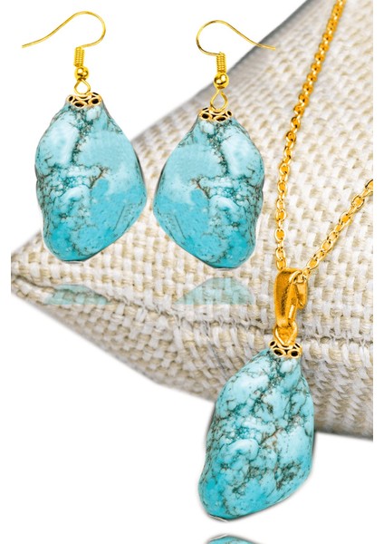 Sertifikalı Gold Ham Işlenmemiş Doğal Firuze Taşı Kolye ve Küpe Seti (Turkuaz Taşı)