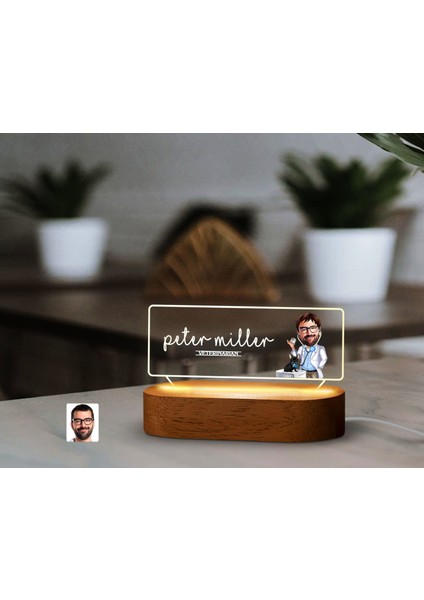 Kişiye Özel Isimli Veteriner Karikatürlü LED Işıklı Akrilik Masa Isimliği-1, Ofis Dekoru, Mesleki Hediye, Ofis Hediyeleri