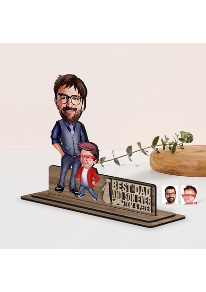 Kişiye Özel 3D Kabartma Isimli Baba-Oğul Karikatürlü Ahşap Biblo-2, Babaya Hediye, Babalar Günü Hediyeleri