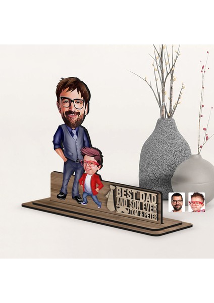 Kişiye Özel 3D Kabartma Isimli Baba-Oğul Karikatürlü Ahşap Biblo-2, Babaya Hediye, Babalar Günü Hediyeleri fiyatları