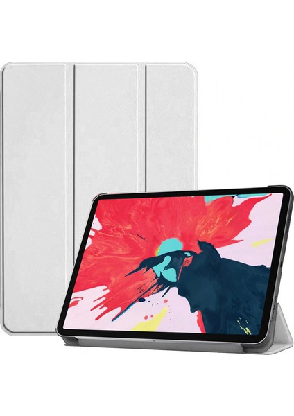 Apple iPad Air 11 2024 Uyumlu Tablet Kılıfı Suni Deri Katlanabilir Smart Cover Standlı Kılıf, Beyaz