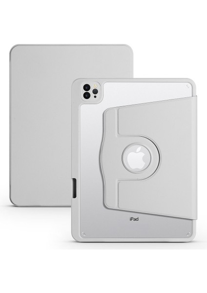 Apple iPad Air 11 2024 Uyumlu Tablet Kılıfı Termik Kalem Bölmeli Dönebilen Standlı Kılıf, Gri