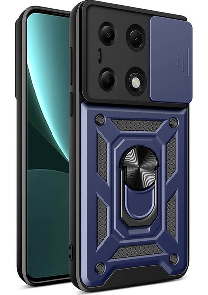 Xiaomi Poco M6 Pro 4g Kılıf Magnetik Standlı Kamera Korumalı Sürgülü Vega Kapak, Mavi