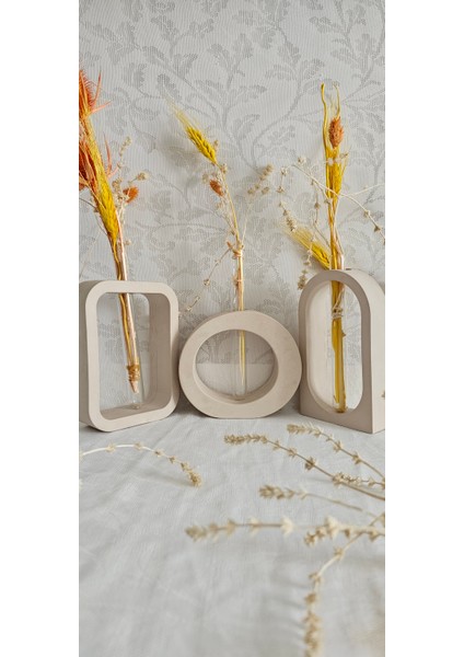 Beton Vazo,kuru Çiçeklik Vazo,dekoratif Vazo 3'lü Set(3 Cam Tüp Dahil)