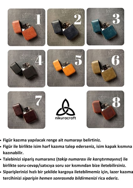 Nikura Craft Nikuracraft Kişiye Özel Çakmak Benzinli Deri Çakmak Deri Kılıflı Zippo Tarzı Çakmak El Yapımı Taba Rengi Kurt Desenli Hakiki Deri Çakmak