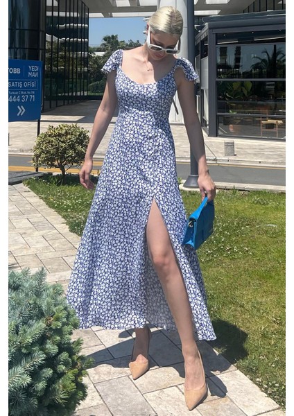 Saks Desenli Yırtmaçlı Uzun Elbise MG2004