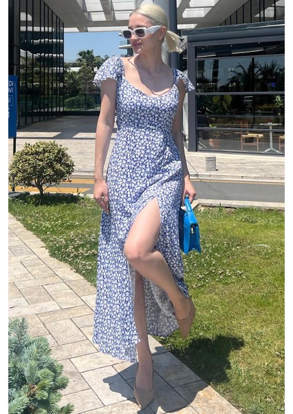 Saks Desenli Yırtmaçlı Uzun Elbise MG2004