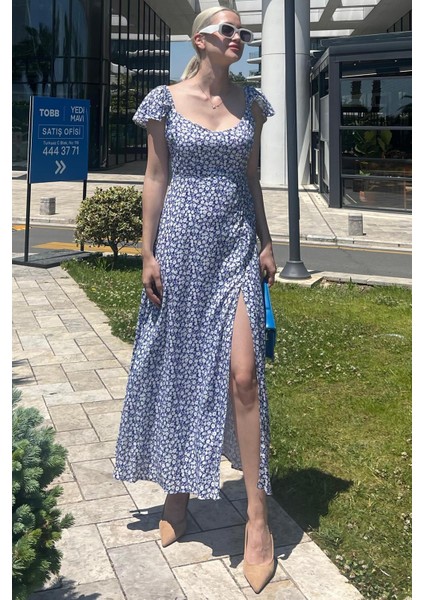Saks Desenli Yırtmaçlı Uzun Elbise MG2004