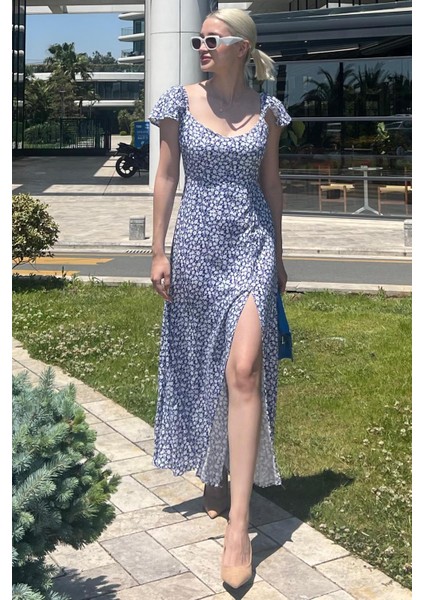 Saks Desenli Yırtmaçlı Uzun Elbise MG2004
