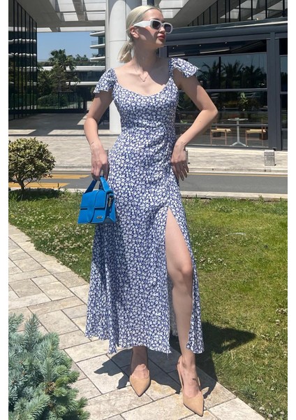 Saks Desenli Yırtmaçlı Uzun Elbise MG2004