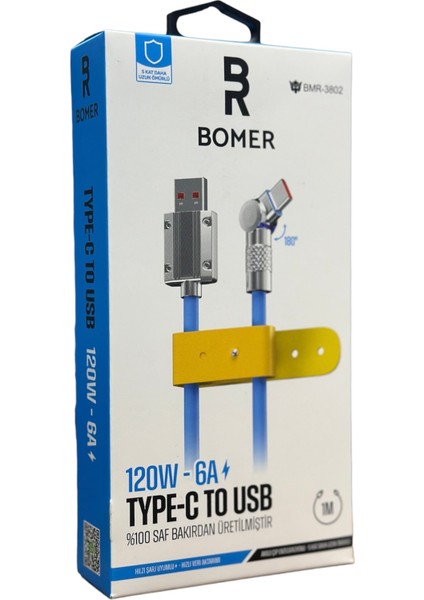 3802 120W 6A MAVİ RENK TYPE C to USB 180 DERECE DÖNER BAŞLI IŞIKLI ŞARJ VE DATA KABLOSU