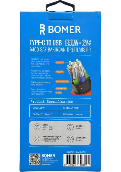 3802 120W 6A MAVİ RENK TYPE C to USB 180 DERECE DÖNER BAŞLI IŞIKLI ŞARJ VE DATA KABLOSU