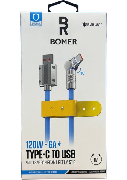3802 120W 6A MAVİ RENK TYPE C to USB 180 DERECE DÖNER BAŞLI IŞIKLI ŞARJ VE DATA KABLOSU