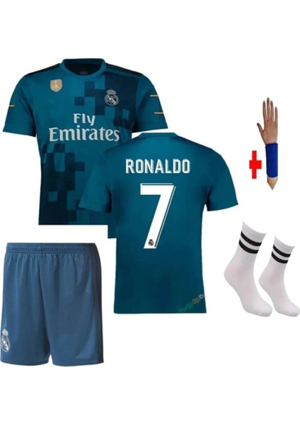 Cristiano Ronaldo Turkuaz Mavisi Real Madrid 2017/18 Sezon Çocuk Futbol Forması 4'lü SETASZ556