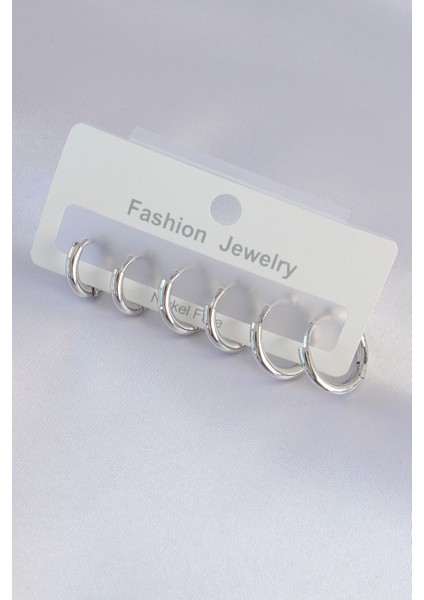 Pirinç Gümüş Renk Oval Küpe Seti - EBJ240601W24778