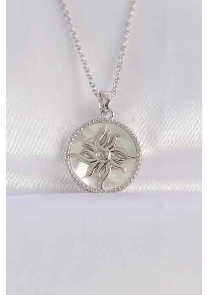 316L Çelik Zincir Gümüş Renk Oval Tasarımlı Güneş Kolye - EBJ240601W24639