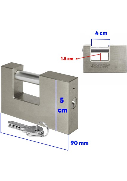 Kepenk Işyeri Kapısı Kilidi Yassı Kayar Milli Saten Asma Kilit Kapı Emniyet 90 mm 3 Anahtarlı Metal