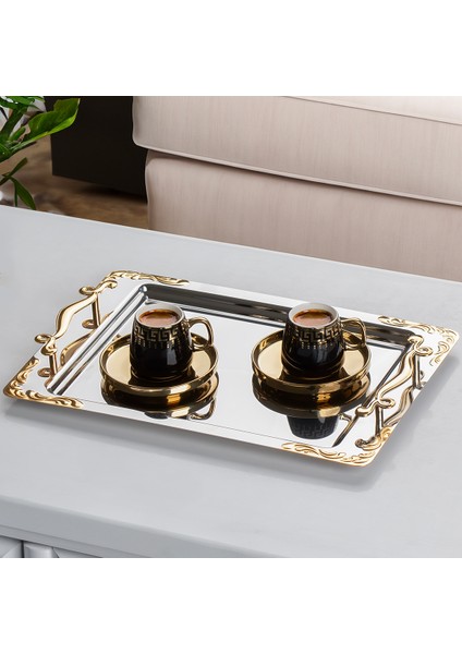 Lalezar Altın Paslanmaz Çelik Gold Detaylı Çay Kahve Servis Tepsisi 48 x 31 cm