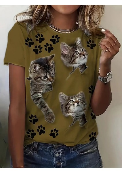 Alinn Butikk Kadın Kısa Kollu Kedi ve Pati Baskılı Süprem T-Shirt