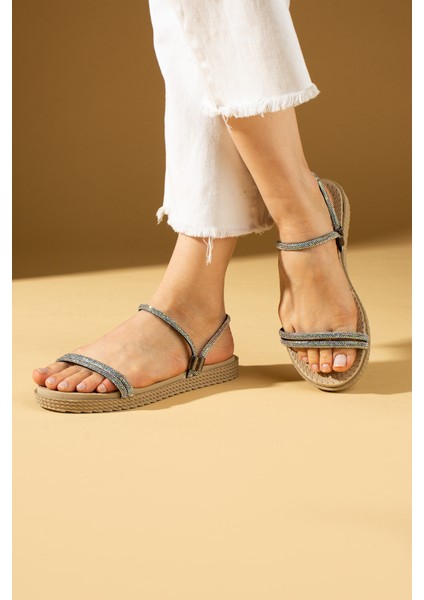 Kadın Sandalet Hasır Taban Parlak Taşlarla Şık Tasarım 020-755-24