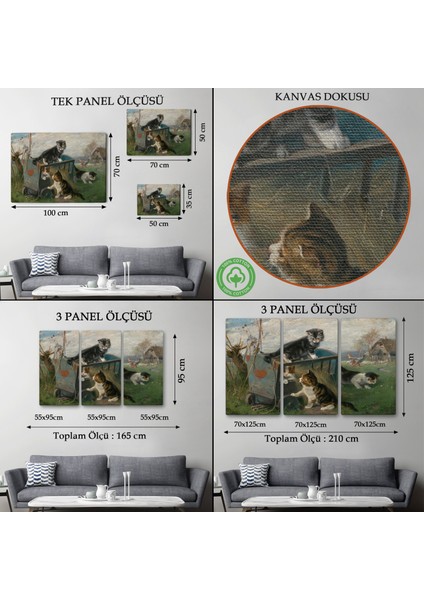 Çerçeveli Julius Adam - Çayırda Arabada Oynayan Kedi Yavruları TABLO-7084