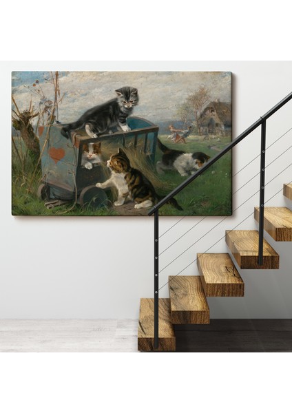 Çerçeveli Julius Adam - Çayırda Arabada Oynayan Kedi Yavruları TABLO-7084
