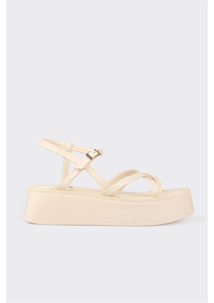 Bej Deri Kadın Dolgu Topuk Sandalet